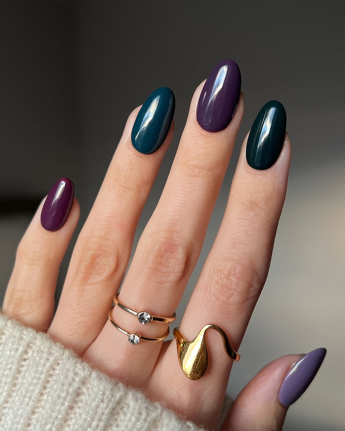 Deep Jewel Tone Skittle Almond Winter Nails