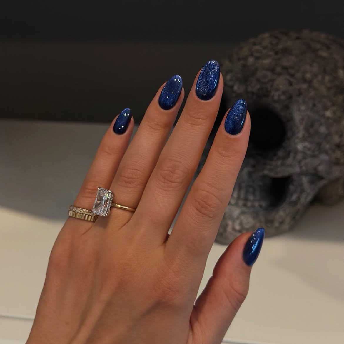 Deep Midnight Blue Cat Eye Almond Nails