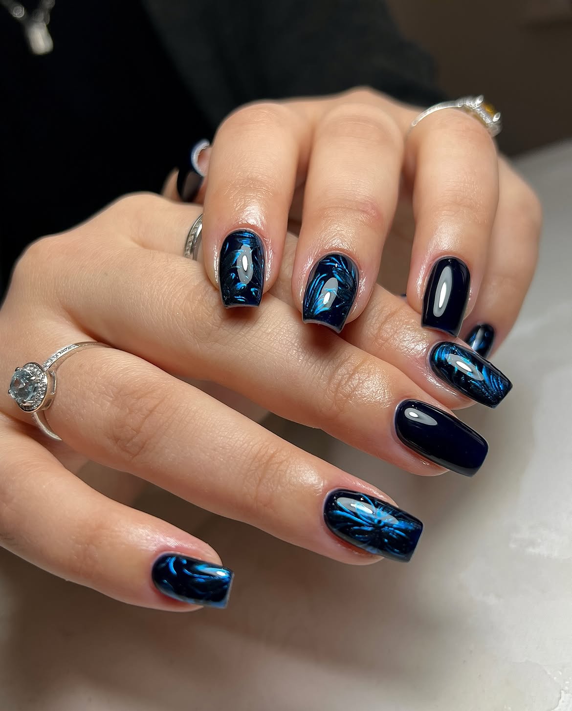 Deep Navy Blue Cat Eye Swirl Nails