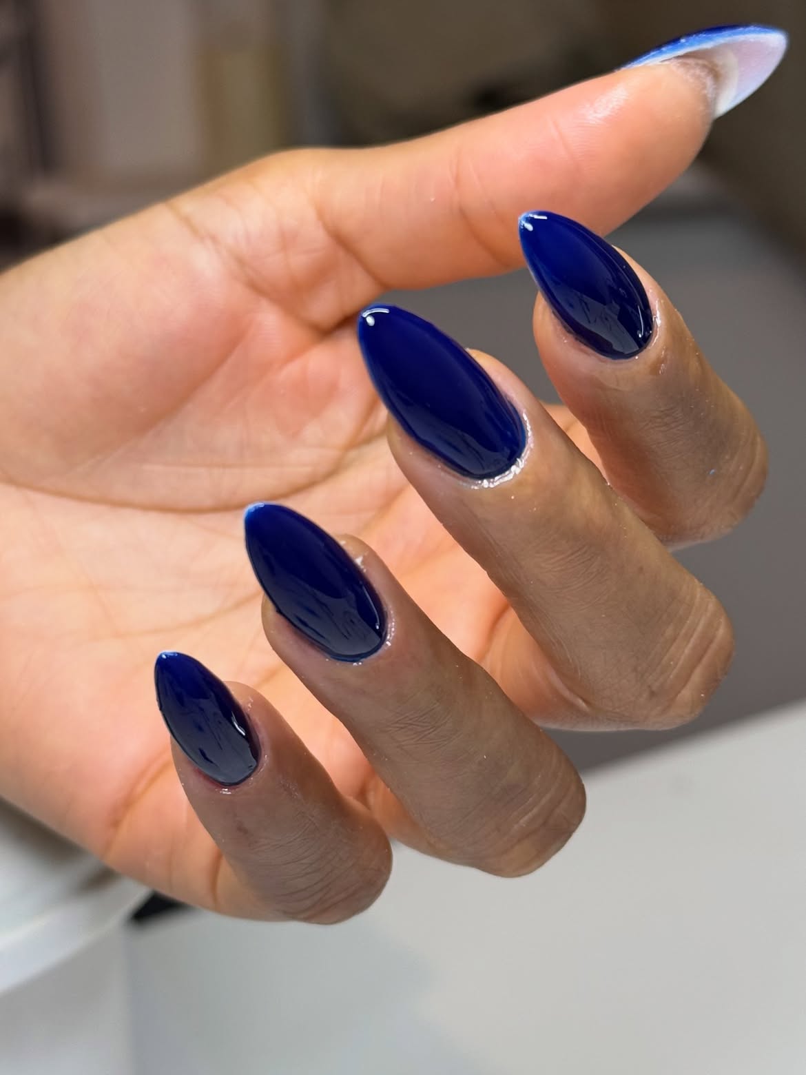 Deep Navy Blue Glossy Almond Nails