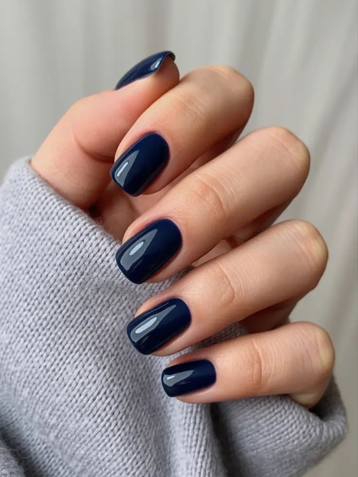 Deep Navy Blue Glossy Short Square Nails