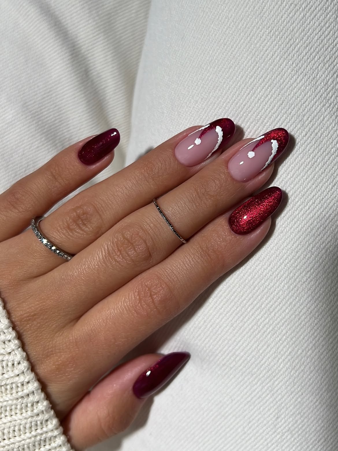 Deep Red Glitter Almond French Tips