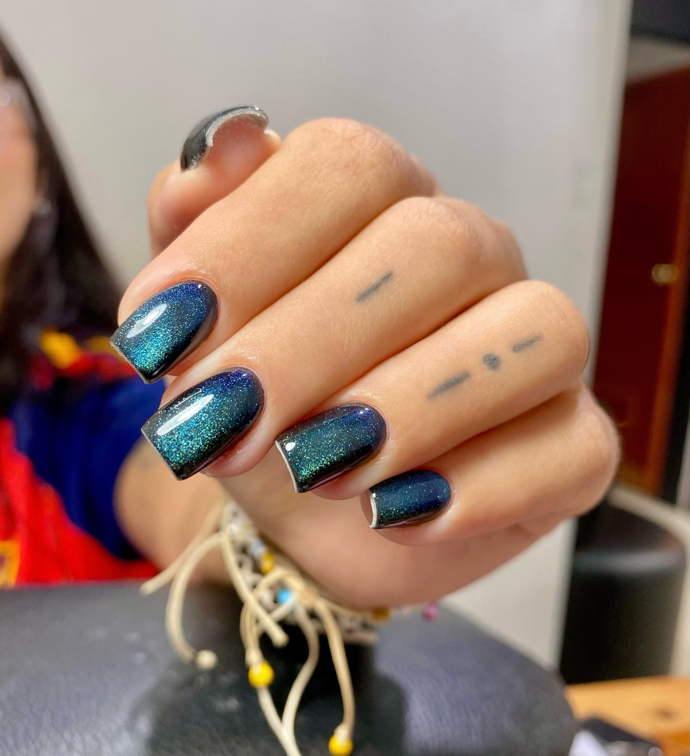 Deep Teal Cat Eye French Tip Nails