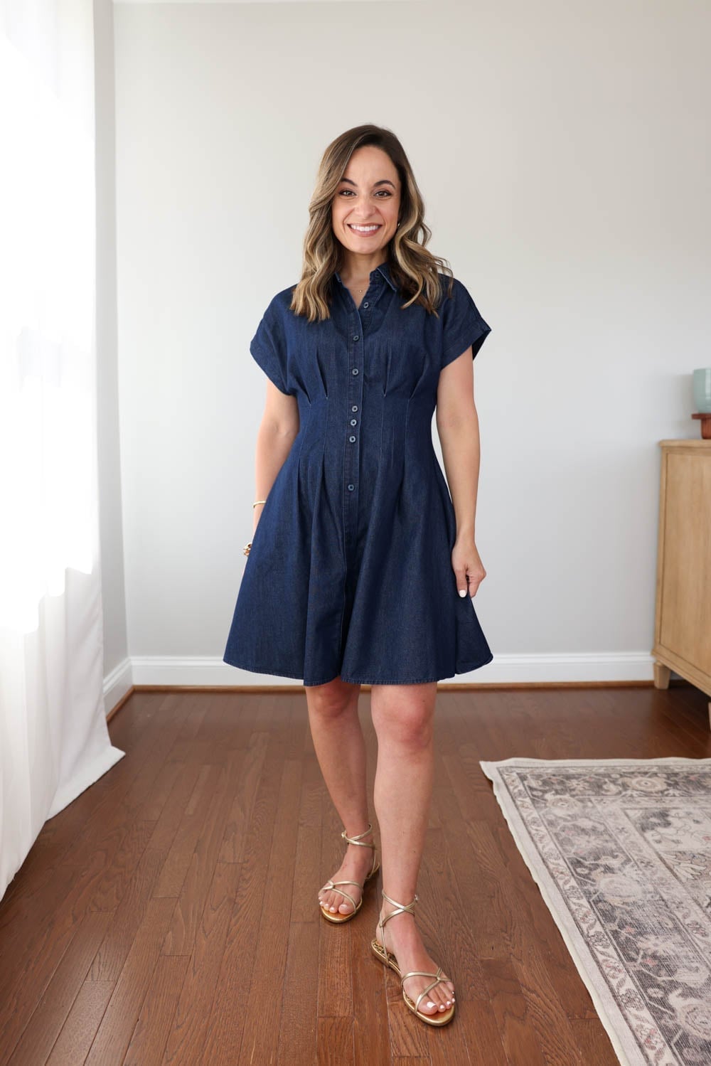 Cinched Waist Denim Shirtdress With Gold Sandals Cinched Waist Denim Shirtdress With Gold Sandals — Denim Dress Outfits