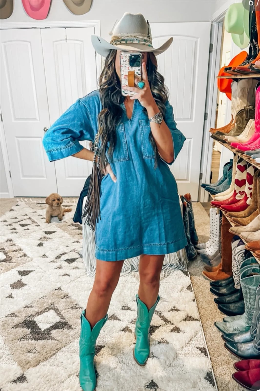 Oversized Denim Dress With Teal Cowboy Boots Oversized Denim Dress With Teal Cowboy Boots — Denim Dress Outfits