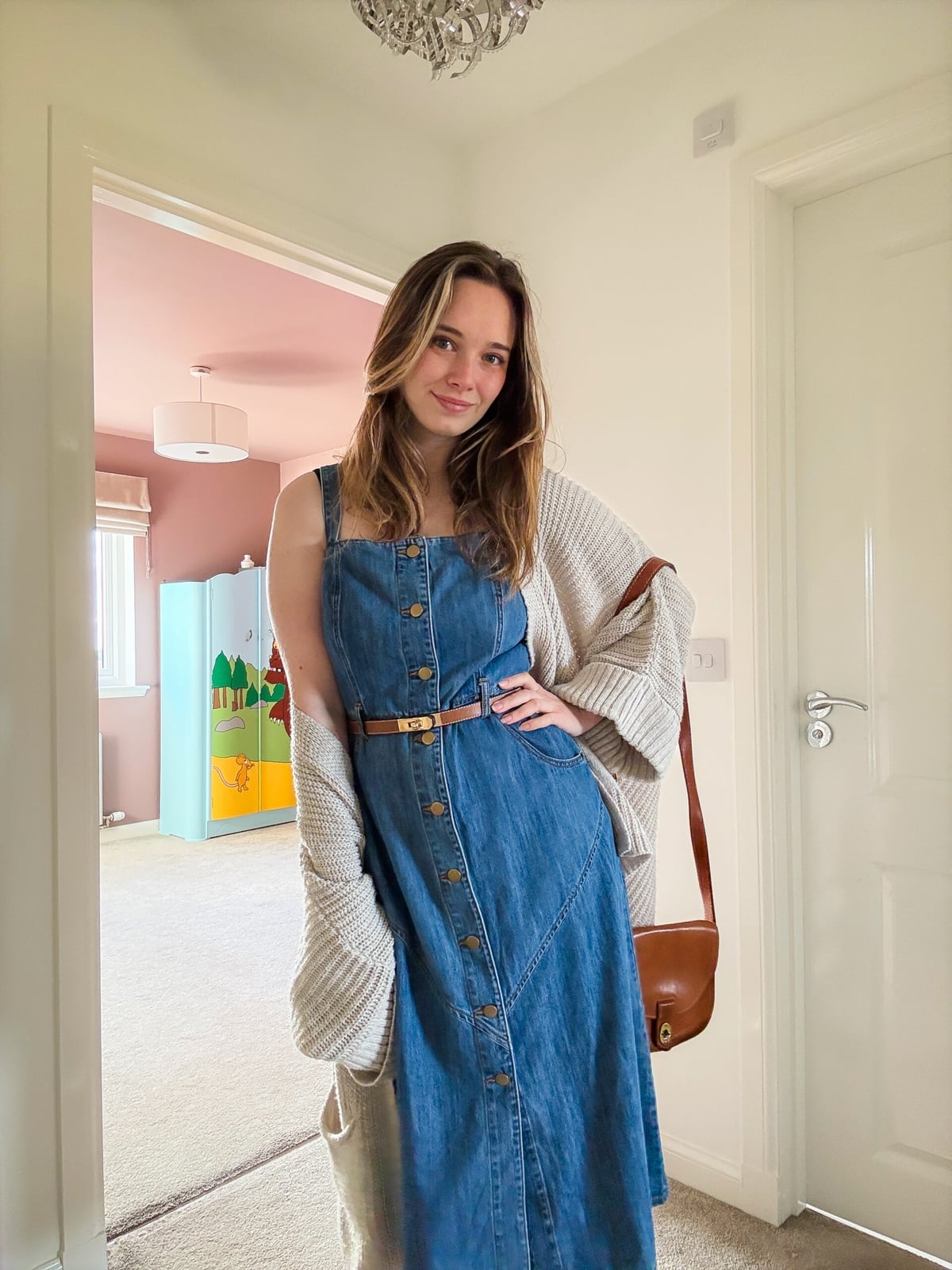 Blue Denim Midi Dress With Cardigan Blue Denim Midi Dress With Cardigan — Denim Dress Outfits