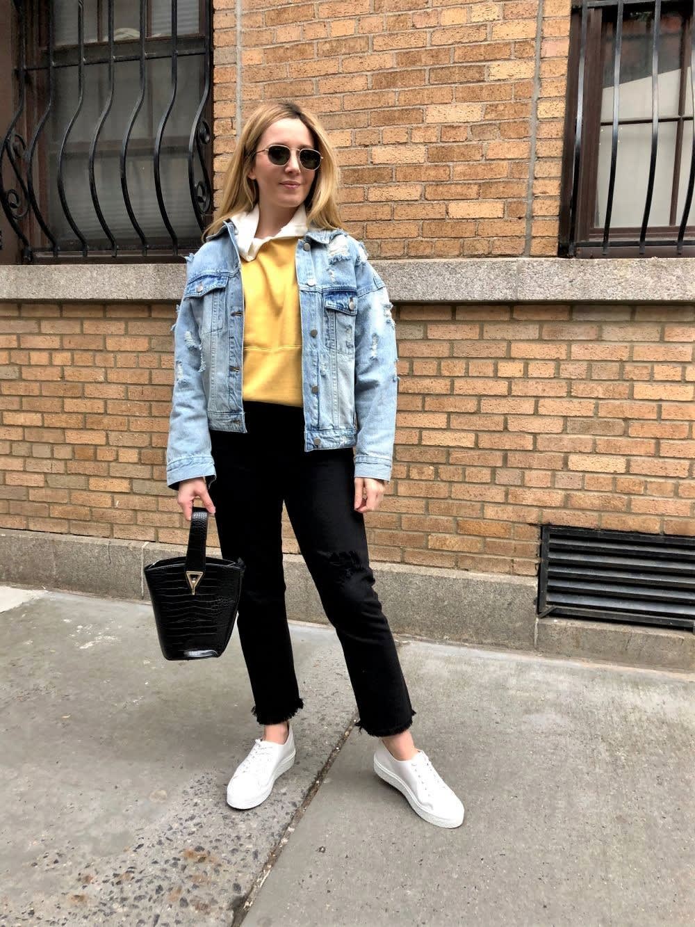 Distressed Denim Jacket With Yellow Hoodie Distressed Denim Jacket With Yellow Hoodie — Denim Jacket Outfits