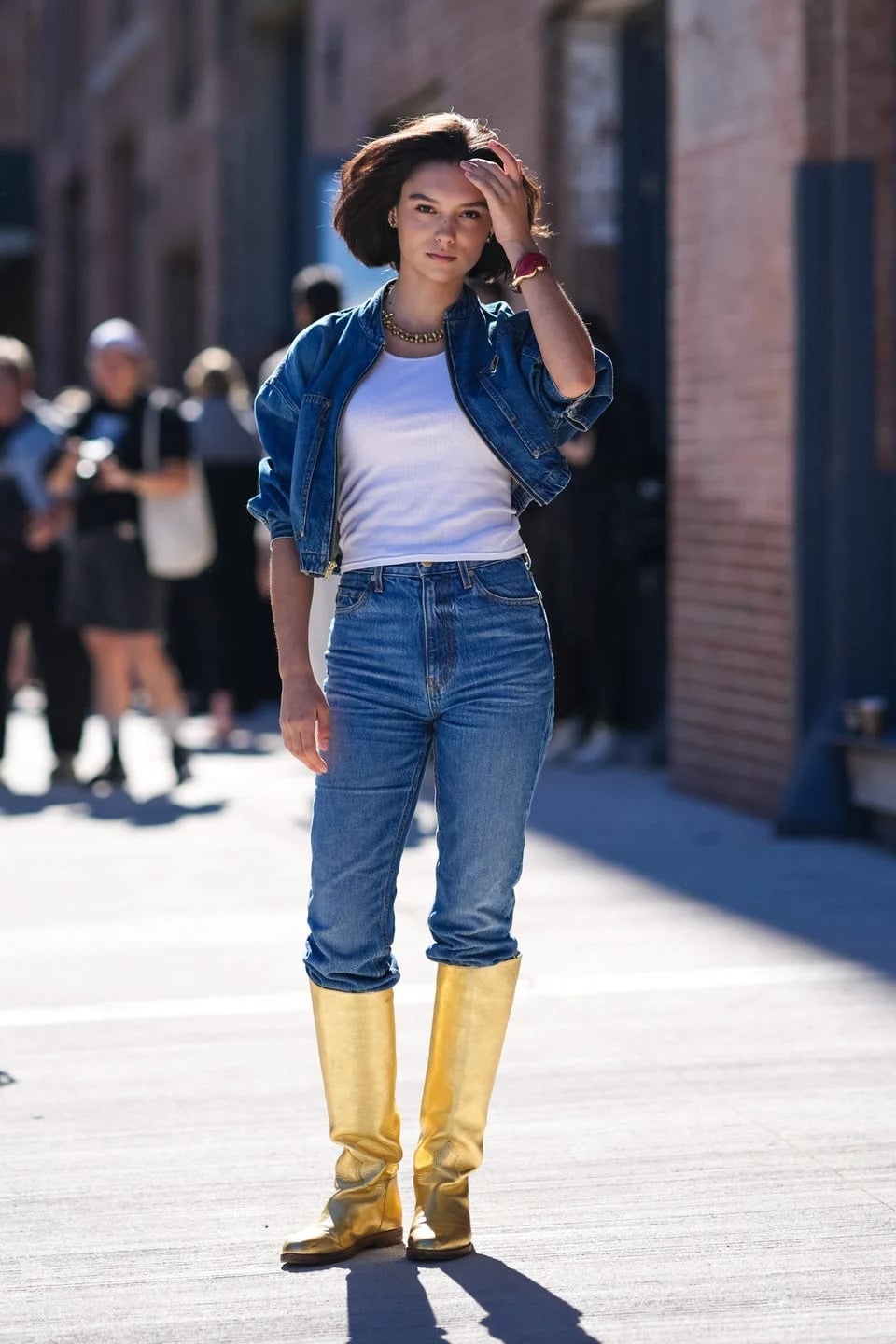 Fitted Denim Jacket With Gold Boots Fitted Denim Jacket With Gold Boots — Denim Jacket Outfits