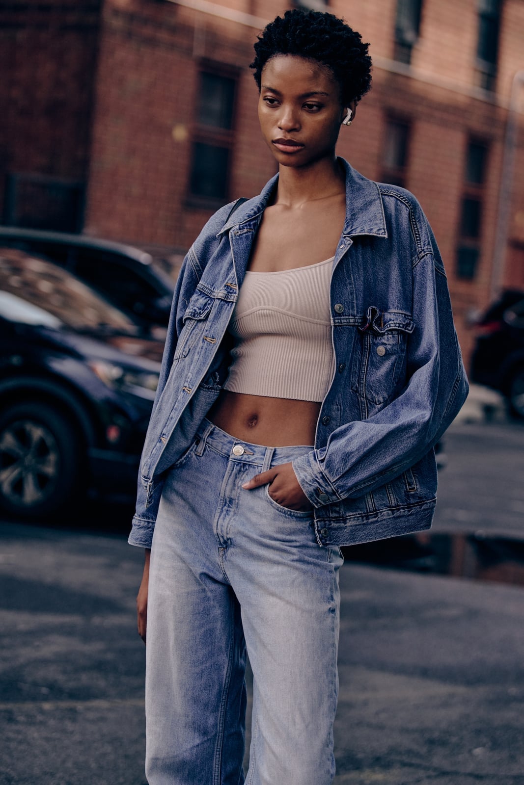 Oversized Denim Jacket With Ribbed Crop Top Oversized Denim Jacket With Ribbed Crop Top — Denim Jacket Outfits