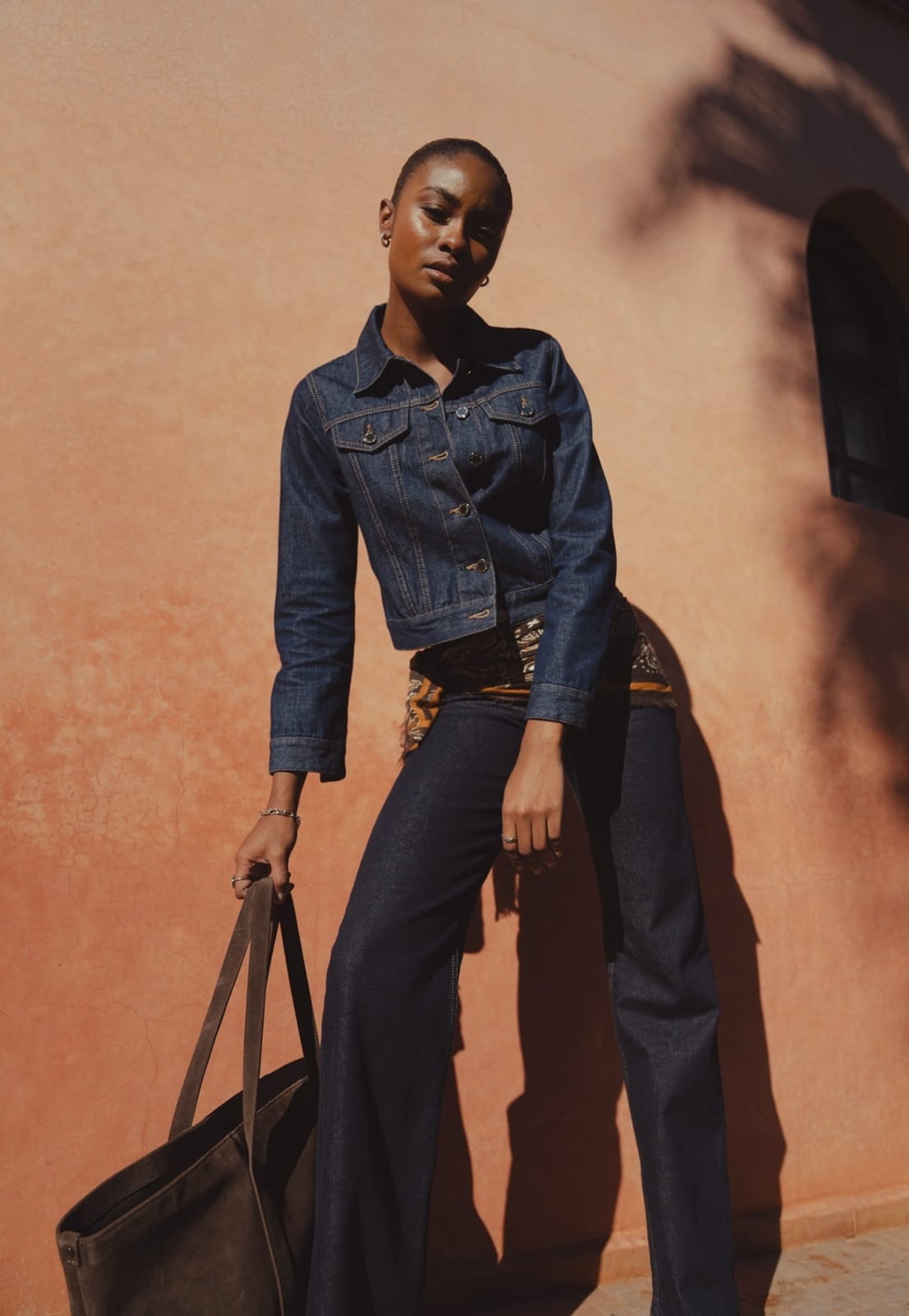 Dark Denim Jacket With Patterned Scarf Dark Denim Jacket With Patterned Scarf — Denim Jacket Outfits