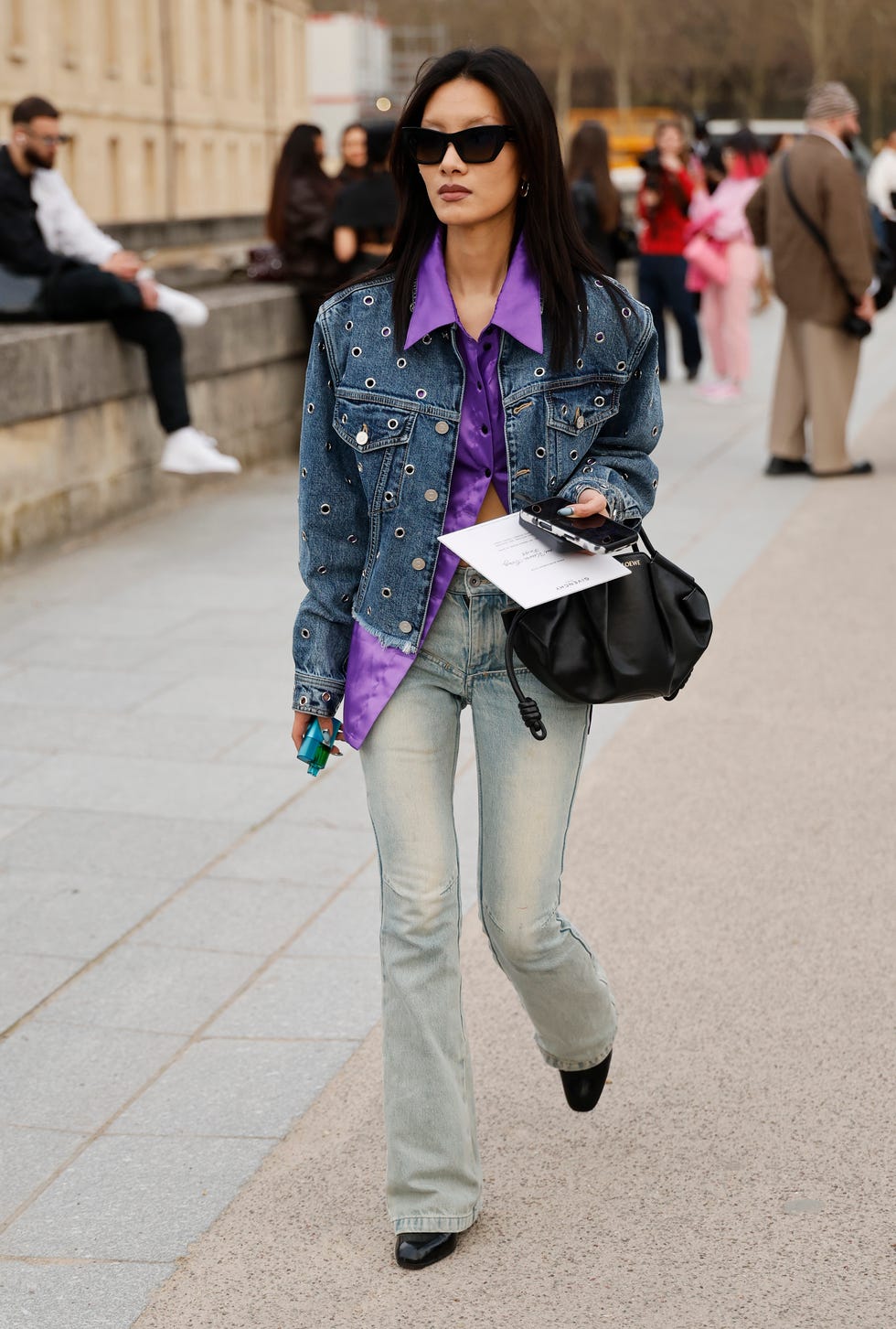 Distressed Denim Jacket With Satin Shirt, Black Pointed-Toe Heels Distressed Denim Jacket With Satin Shirt, Black Pointed-Toe Heels — Denim Jacket Outfits