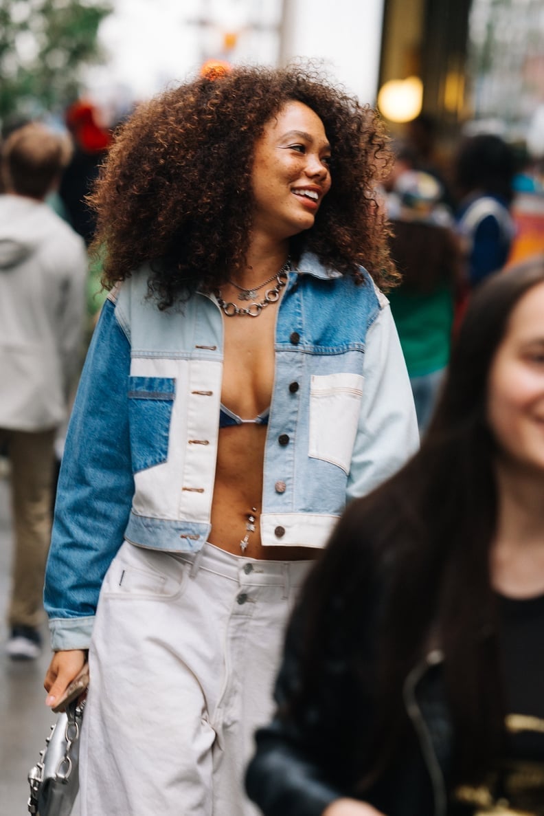 Cropped Two-Tone Denim Jacket Over Bikini Cropped Two-Tone Denim Jacket Over Bikini — Denim Jacket Outfits