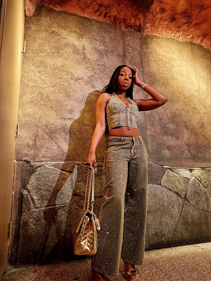 Rhinestone Denim Halter Top With Jeans Rhinestone Denim Halter Top With Jeans — Denim Outfits