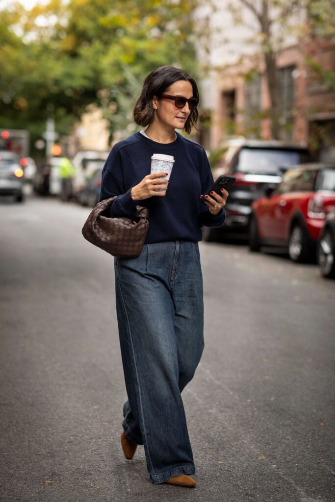 Wide Leg Denim Trousers With Knit Sweater Wide Leg Denim Trousers With Knit Sweater — Denim Outfits