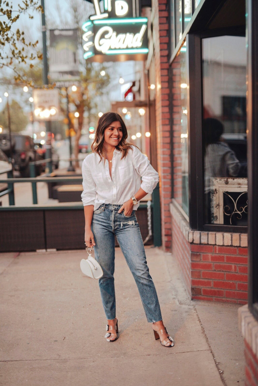 Distressed Straight Leg Jeans With White Button Down Distressed Straight Leg Jeans With White Button Down — Denim Outfits