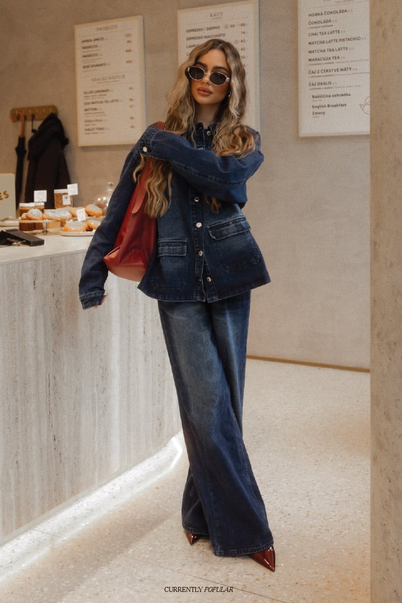 Dark Wash Denim Jacket And Wide Leg Jeans Dark Wash Denim Jacket And Wide Leg Jeans — Denim Outfits