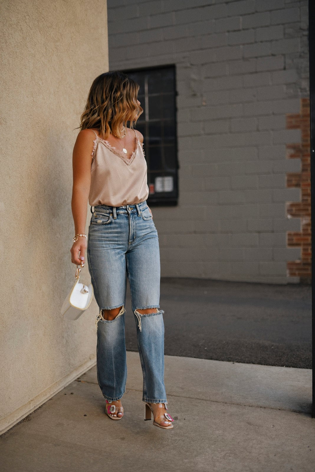 Ripped Knee Wide Leg Jeans With Lace Camisole Ripped Knee Wide Leg Jeans With Lace Camisole — Denim Outfits