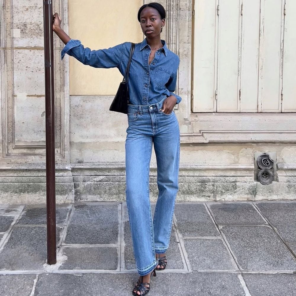 Tucked denim shirt and wide-leg jeans Tucked denim shirt and wide-leg jeans — Denim Top Outfit