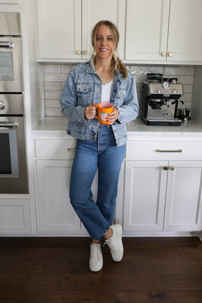 Pearl-embellished denim jacket over white tank Pearl-embellished denim jacket over white tank — Denim Top Outfit
