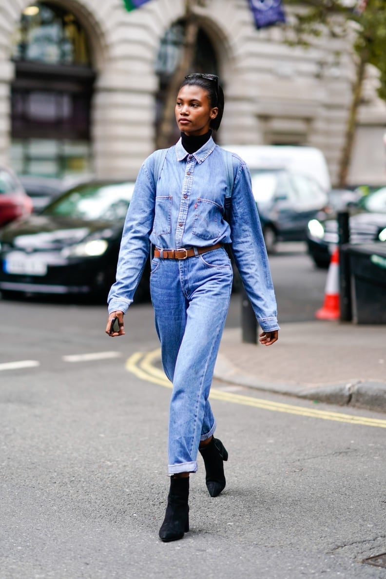 Light wash denim shirt with turtleneck and jeans Light wash denim shirt with turtleneck and jeans — Denim Top Outfit