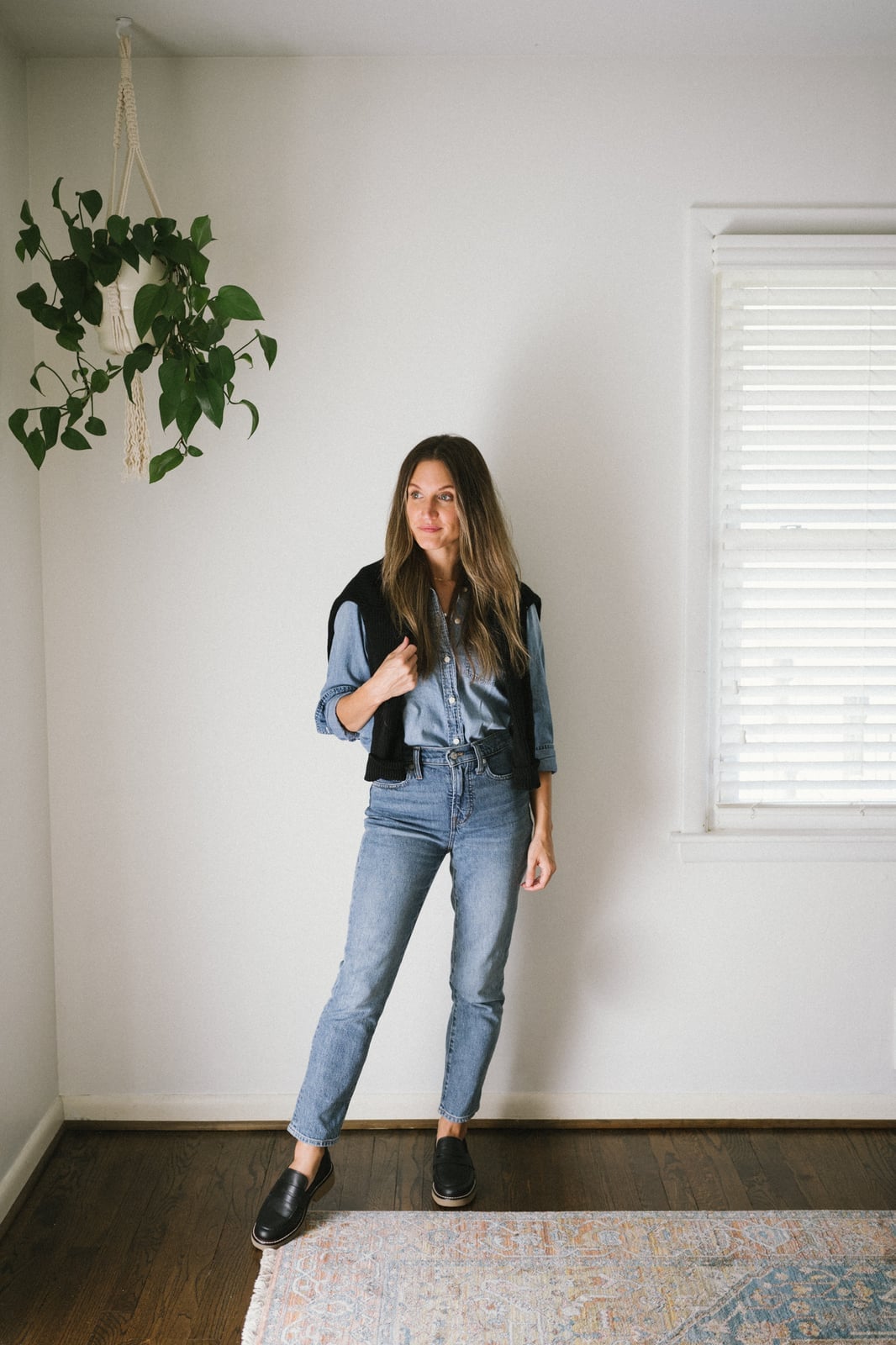 Medium blue denim shirt with draped sweater Medium blue denim shirt with draped sweater — Denim Top Outfit