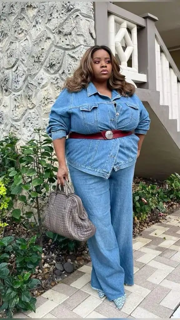 Light blue denim set with burgundy accessories Light blue denim set with burgundy accessories — Denim Top Outfit