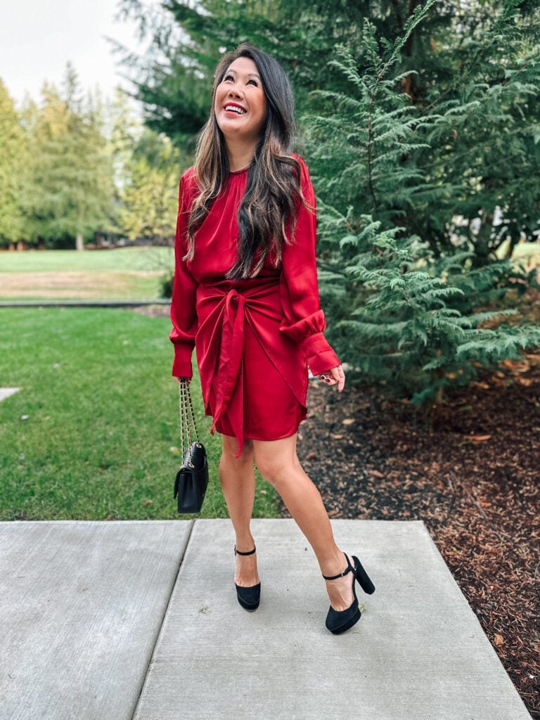 Red Satin Wrap Dress for Evening Dinners Red Satin Wrap Dress for Evening Dinners — Dinner Outfits
