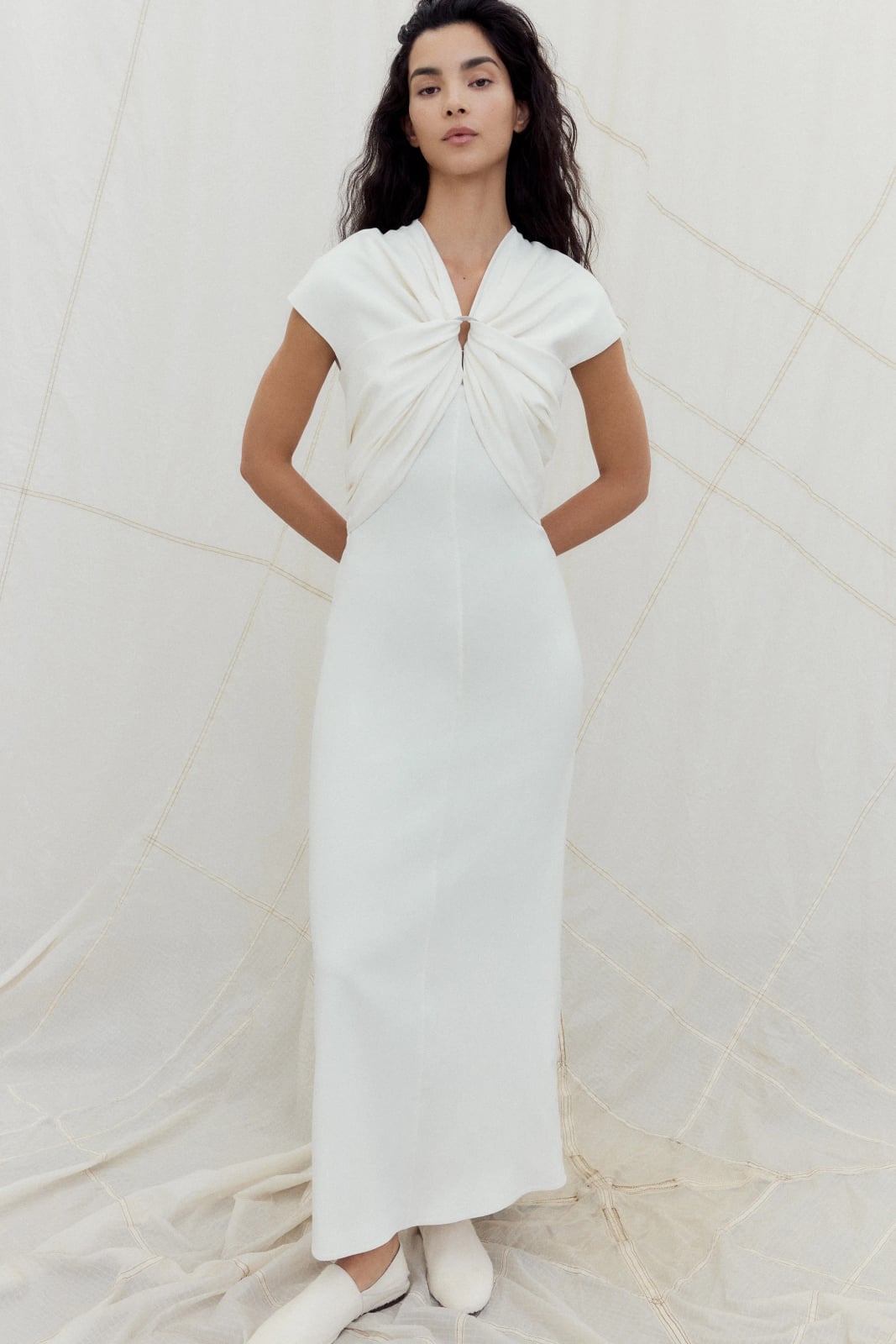 White Crepe Maxi Dress with Draped Neckline White Crepe Maxi Dress with Draped Neckline — Dinner Outfits