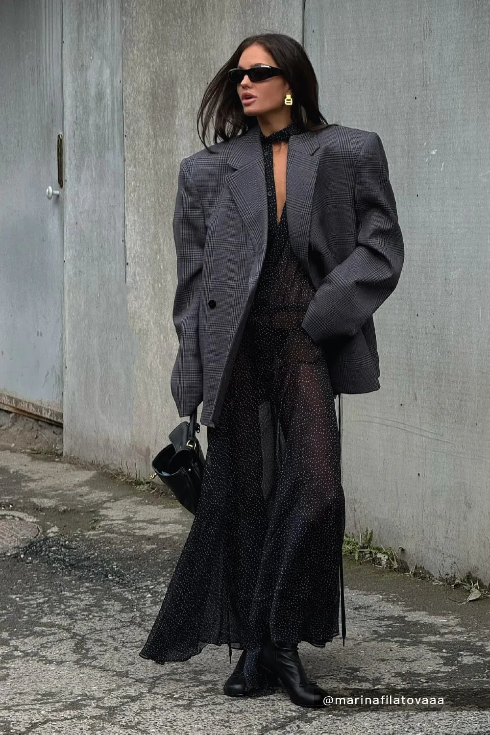 Sheer Polka Dot Dress with Oversized Blazer, Black Ankle Boots Sheer Polka Dot Dress with Oversized Blazer, Black Ankle Boots — Dinner Outfits