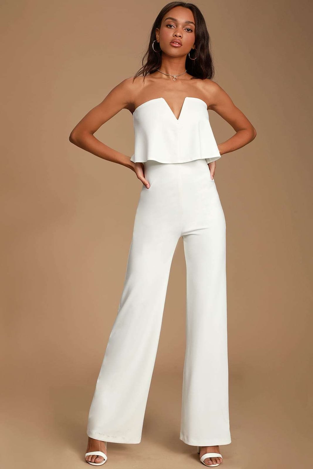 White Crepe Jumpsuit with Plunging Neckline White Crepe Jumpsuit with Plunging Neckline — Dinner Outfits