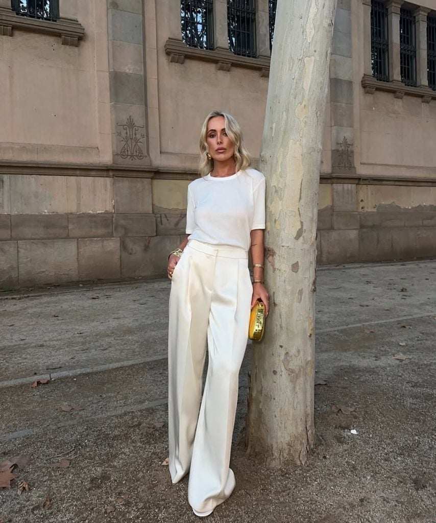 Satin Pants and Basic Tee for Chic Dinners, Close-Up Take Satin Pants and Basic Tee for Chic Dinners, Close-Up Take — Dinner Outfits