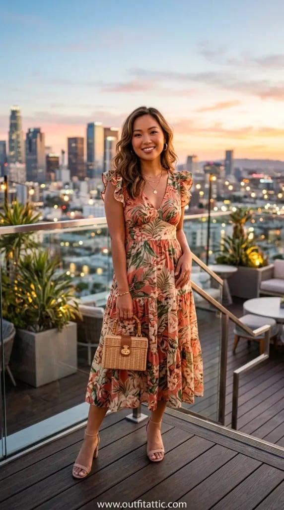 Tiered Midi Dress with Tropical Print Tiered Midi Dress with Tropical Print — Dinner Outfits