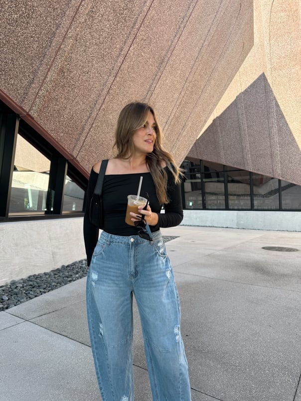 Off-Shoulder Top with Distressed Wide-Leg Jeans Off-Shoulder Top with Distressed Wide-Leg Jeans — Dinner Outfits
