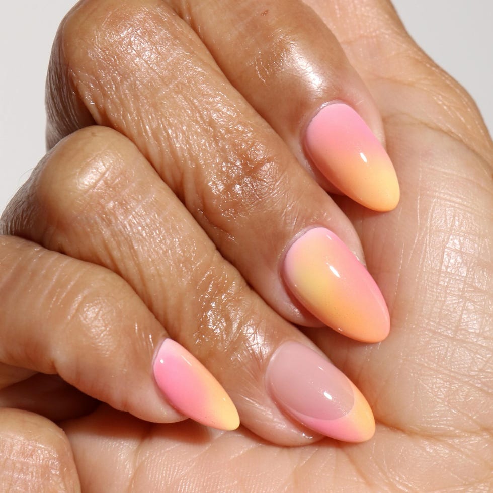 Medium Almond Pink Peach Yellow Gradient Dip Nails Medium Almond Pink Peach Yellow Gradient Dip Nails