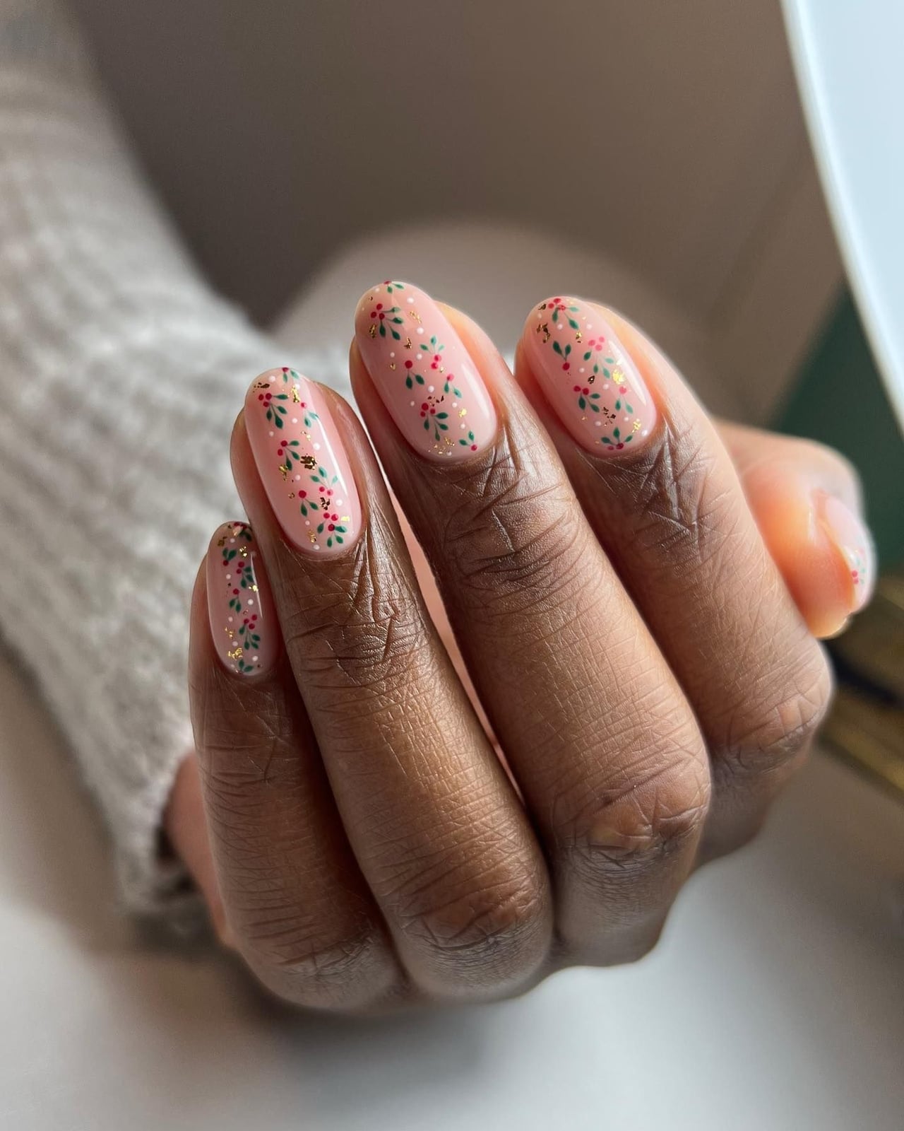 Short Oval Sheer Pink with Botanical Print Dip Nails Short Oval Sheer Pink with Botanical Print Dip Nails