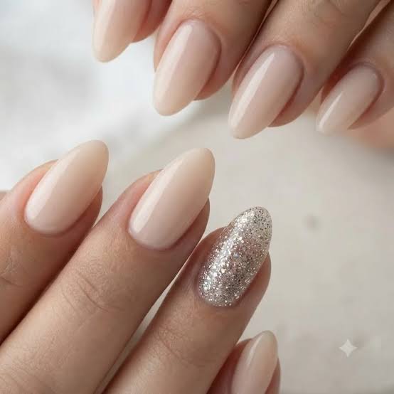 Medium Almond Sheer Nude with Silver Glitter Accent Dip Nails Medium Almond Sheer Nude with Silver Glitter Accent Dip Nails