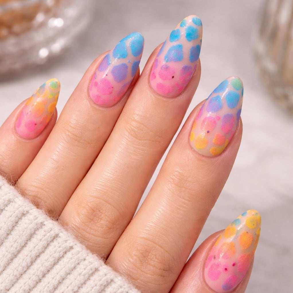 Medium Almond Pastel Leopard Print Dip Nails Medium Almond Pastel Leopard Print Dip Nails