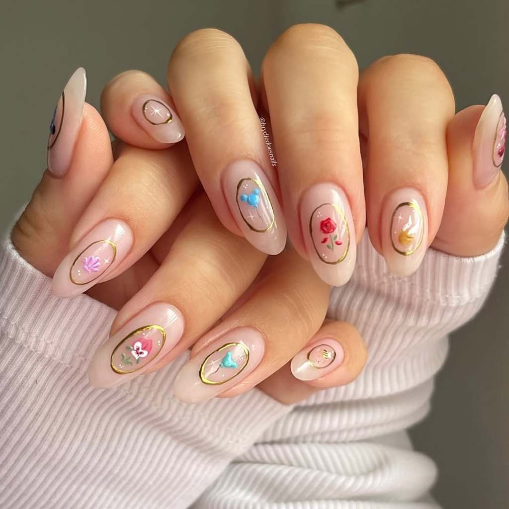 Golden Frame Miniature Art Medium Almond Nails Golden Frame Miniature Art Medium Almond Nails — Disney Nails