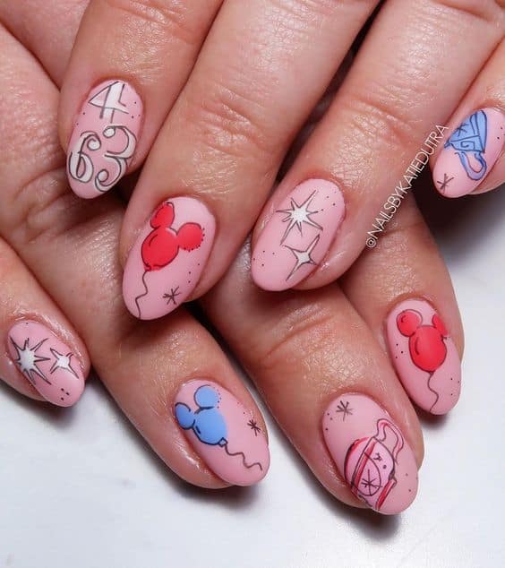 Mickey Mouse Balloon Matte Pink Short Oval Nails Mickey Mouse Balloon Matte Pink Short Oval Nails — Disney Nails
