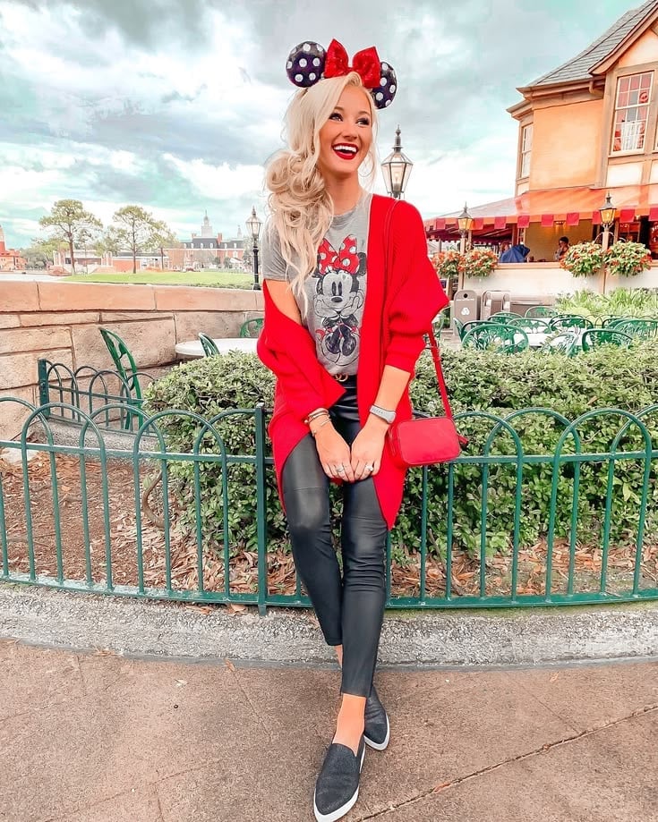 Red Cardigan Over Minnie Mouse Tee With Faux Leather Leggings Red Cardigan Over Minnie Mouse Tee With Faux Leather Leggings — Disney Outfits