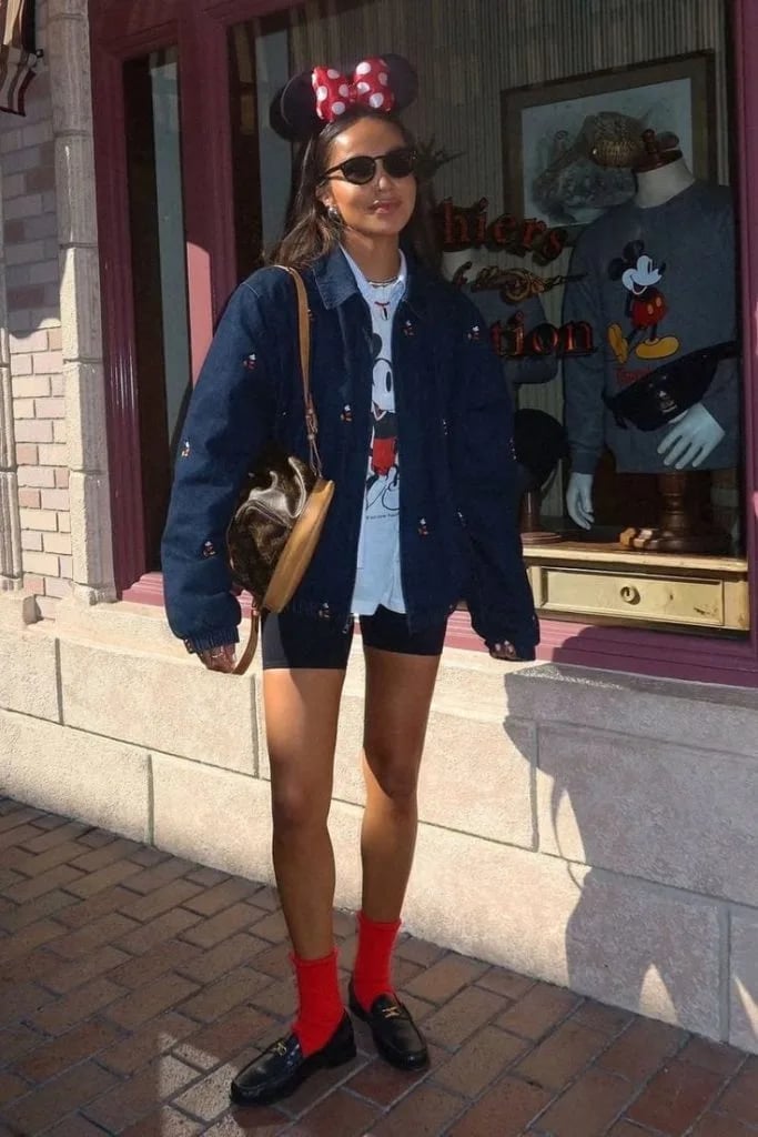 Embroidered Denim Jacket Over Graphic Tee With Bike Shorts Embroidered Denim Jacket Over Graphic Tee With Bike Shorts — Disney Outfits