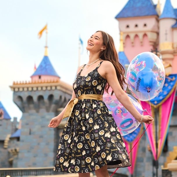 Black Disney Print Midi Dress With Gold Accents Black Disney Print Midi Dress With Gold Accents — Disney Outfits