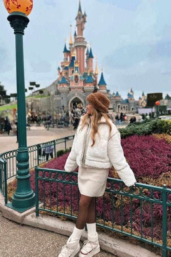 White Teddy Jacket Over Knit Sweater Dress White Teddy Jacket Over Knit Sweater Dress — Disney Outfits