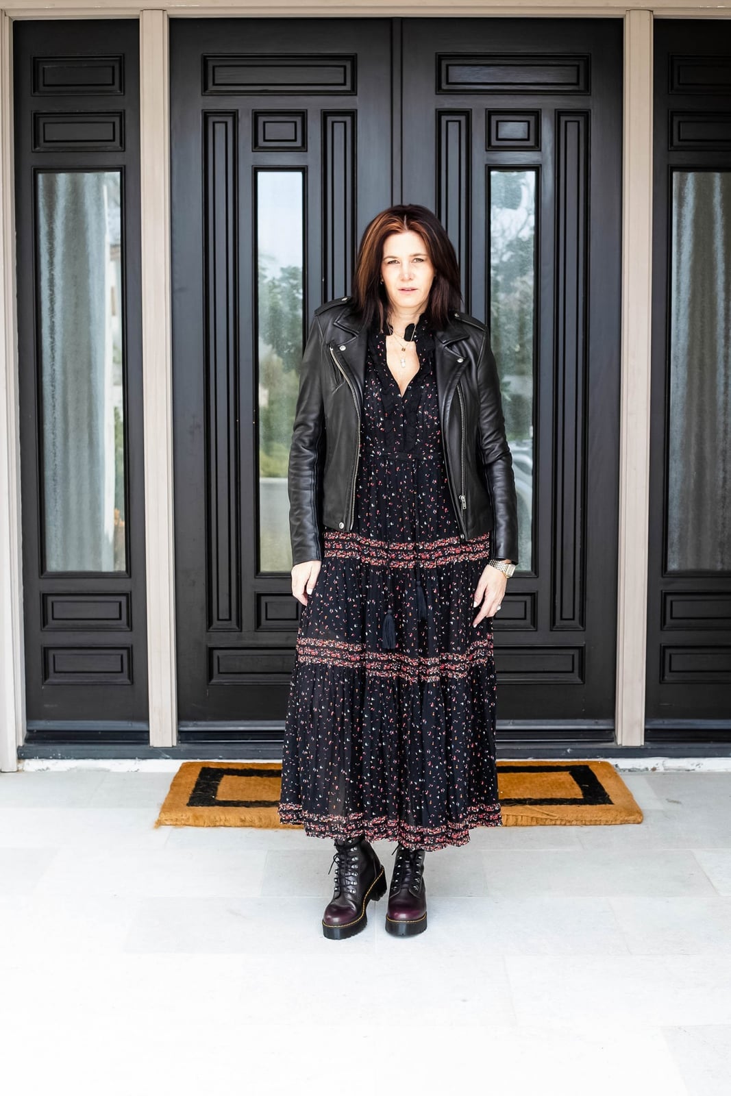 Moto Jacket With Floral Midi Dress Moto Jacket With Floral Midi Dress — Doc Martens Outfits