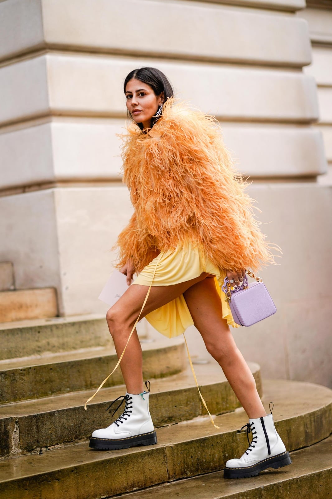 Feather Coat Over Mini Dress Feather Coat Over Mini Dress — Doc Martens Outfits