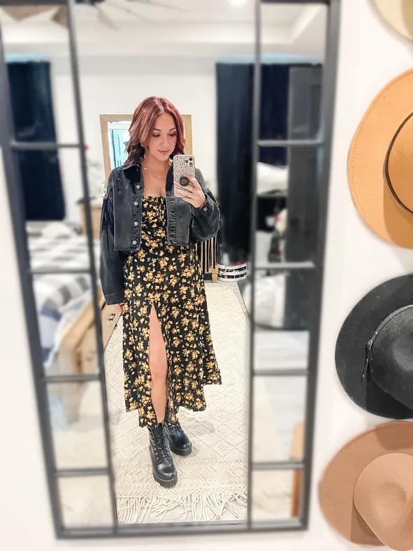 Floral Print Midi Dress With Denim Jacket Floral Print Midi Dress With Denim Jacket — Doc Martens Outfits