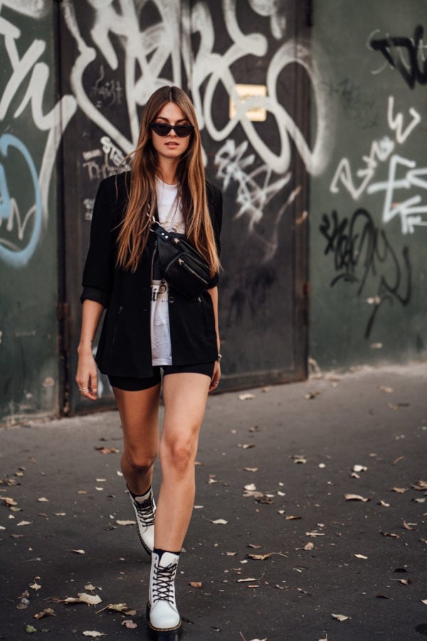 Black Blazer With Biker Shorts Black Blazer With Biker Shorts — Doc Martens Outfits