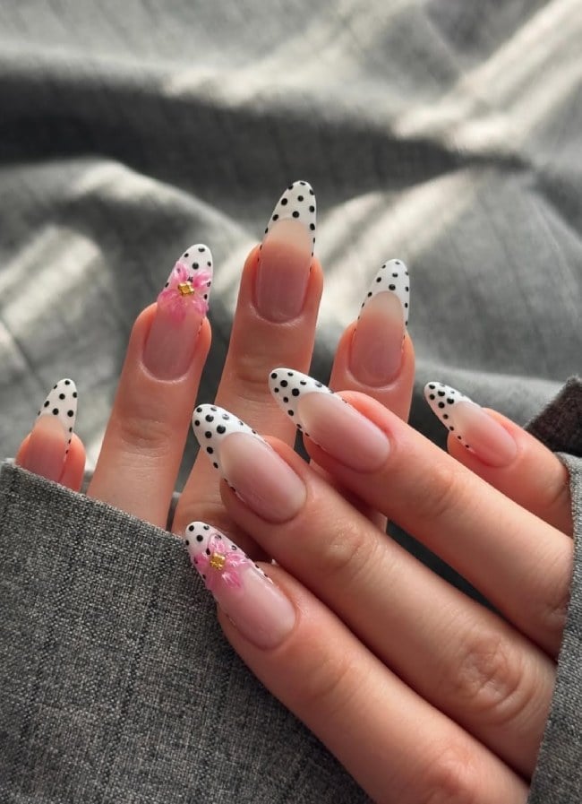 Black Polka Dots on French Almond Nails Black Polka Dots on French Almond Nails — Dots Nail Designs
