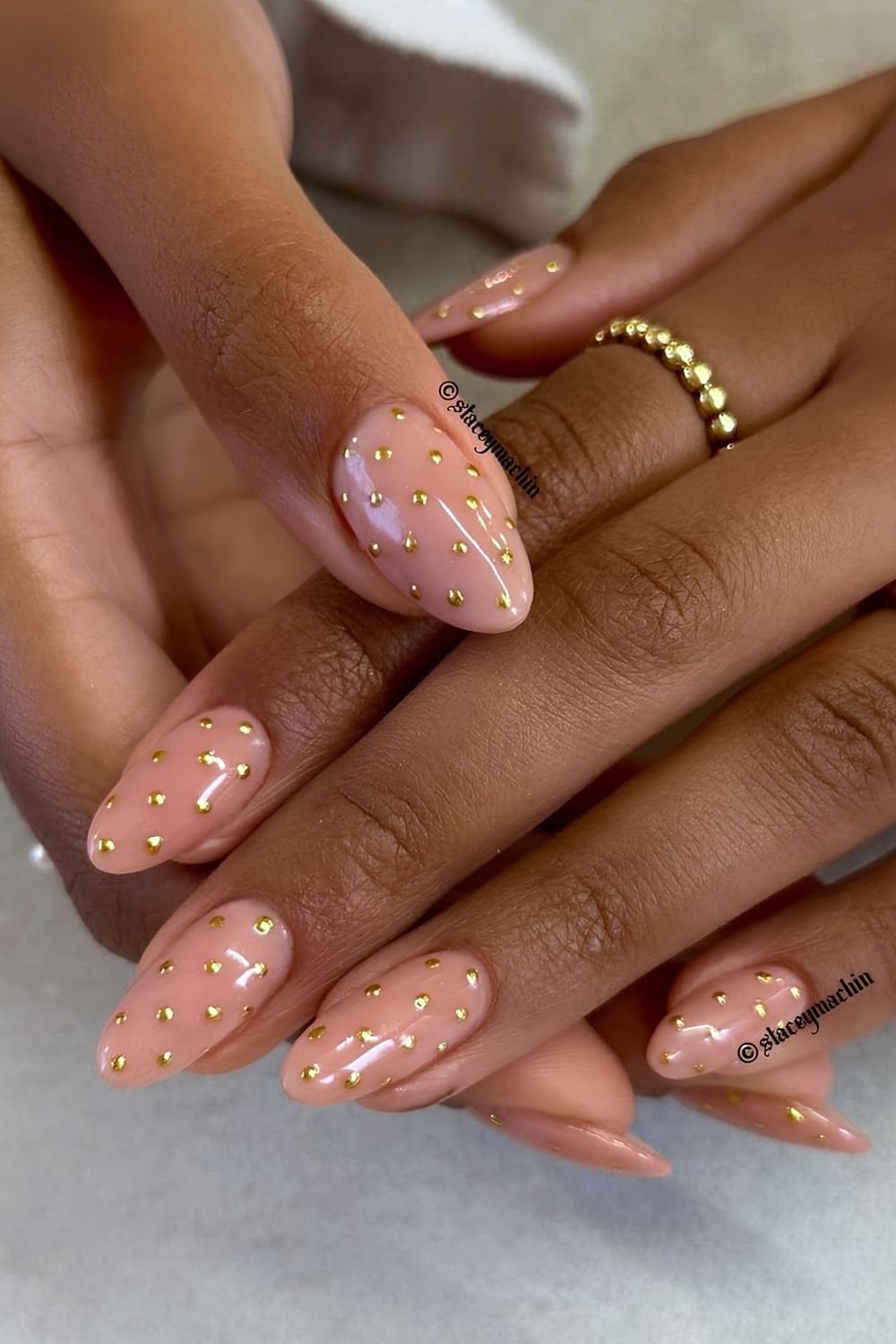 Pale Peach Nails with Metallic Gold Dots Pale Peach Nails with Metallic Gold Dots — Dots Nail Designs