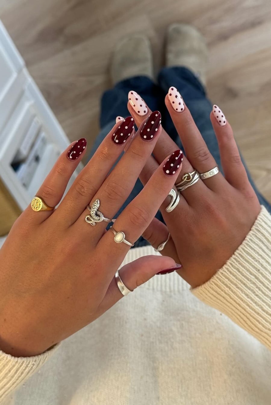 Deep Burgundy and Soft Pink with White Dots Deep Burgundy and Soft Pink with White Dots — Dots Nail Designs